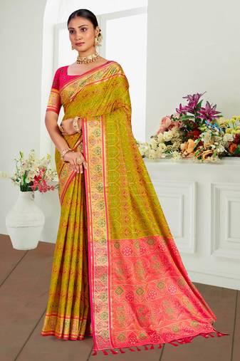 mustard yellow patola silk blend woven work traditional saree