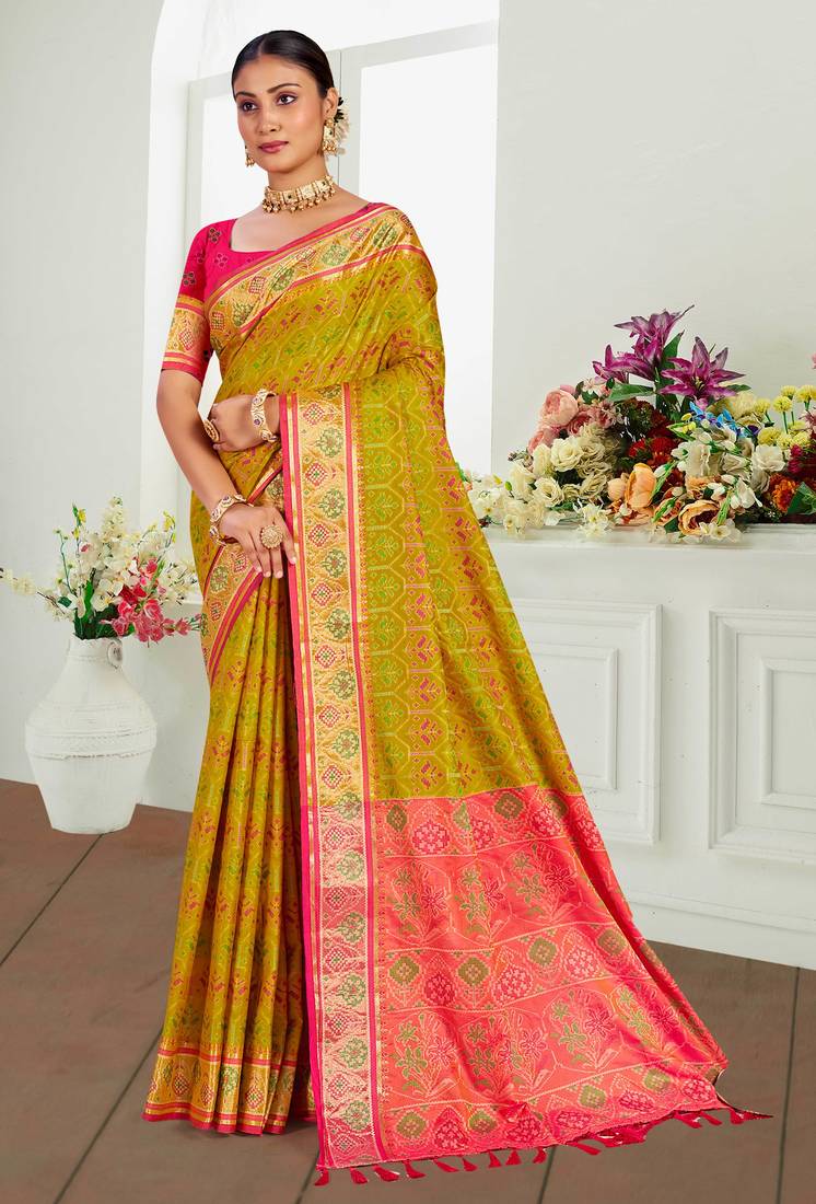 mustard yellow patola silk blend woven work traditional saree