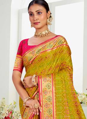 mustard yellow patola silk blend woven work traditional saree 2