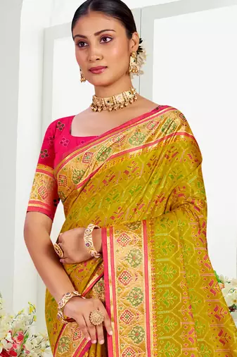 mustard yellow patola silk blend woven work traditional saree