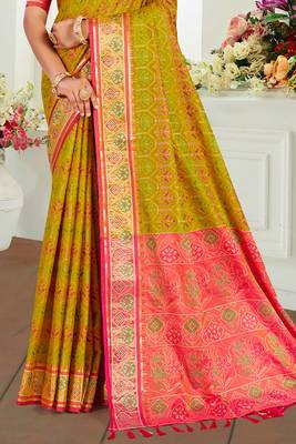 mustard yellow patola silk blend woven work traditional saree 3