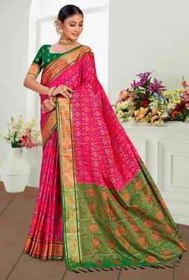 rani pink patola silk blend woven work traditional saree 1
