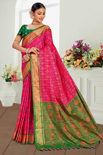rani pink patola silk blend woven work traditional saree