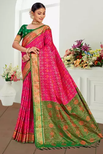 rani pink patola silk blend woven work traditional saree