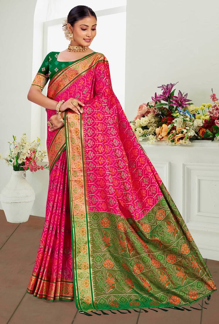 rani pink patola silk blend woven work traditional saree