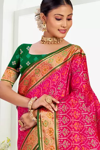 rani pink patola silk blend woven work traditional saree