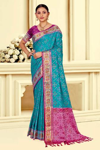 turquoise blue patola silk blend woven work traditional saree