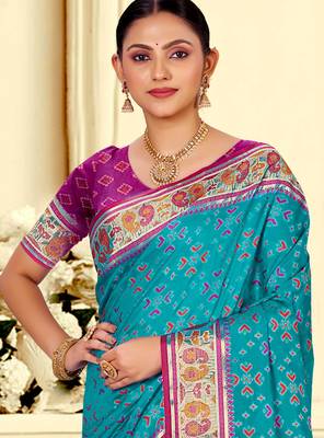 turquoise blue patola silk blend woven work traditional saree 2