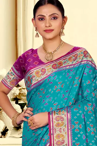 turquoise blue patola silk blend woven work traditional saree