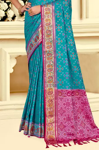turquoise blue patola silk blend woven work traditional saree