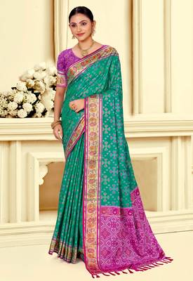 emerald green patola silk blend woven work traditional saree 1