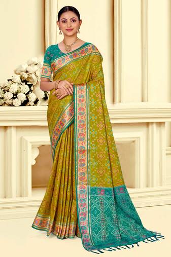 olive mustard patola silk blend woven work traditional saree