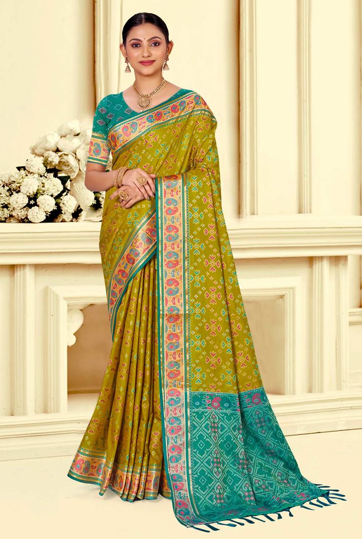 olive mustard patola silk blend woven work traditional saree