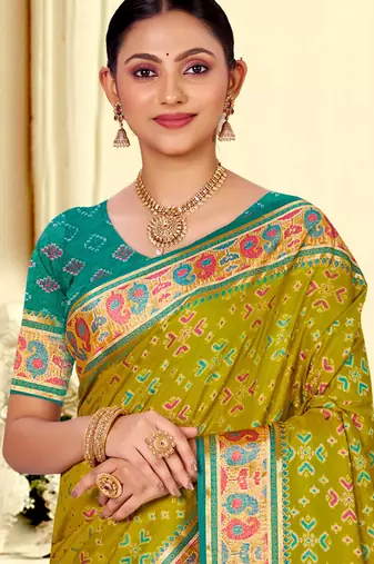 olive mustard patola silk blend woven work traditional saree