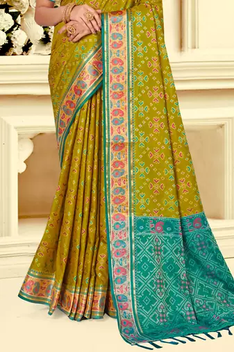 olive mustard patola silk blend woven work traditional saree