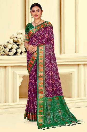 wine patola silk blend woven work traditional saree