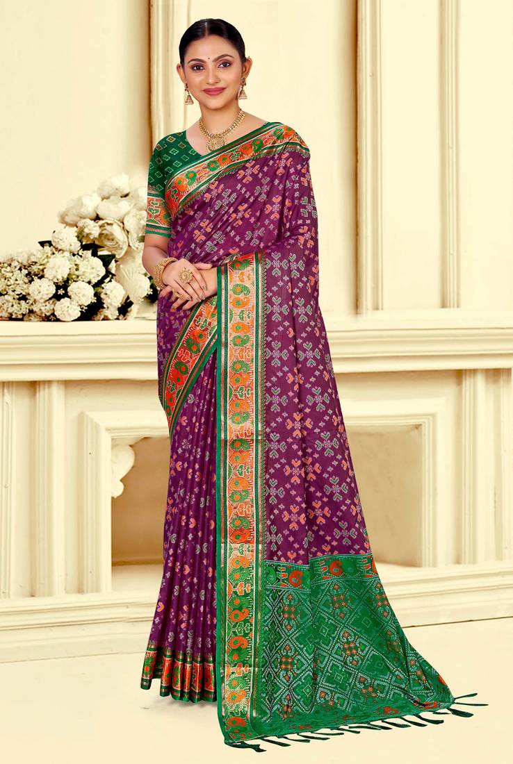 wine patola silk blend woven work traditional saree