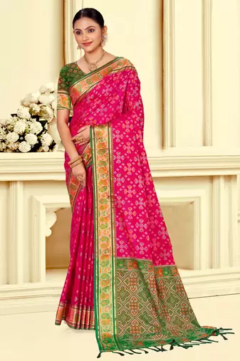 rani pink patola silk blend woven work traditional saree