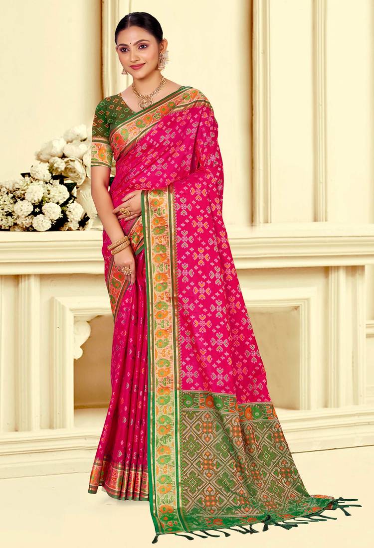 rani pink patola silk blend woven work traditional saree