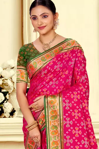 rani pink patola silk blend woven work traditional saree