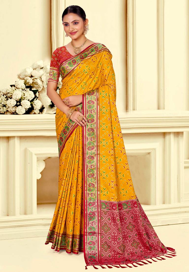 yellow patola silk blend woven work traditional saree