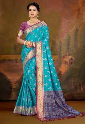 aqua blue patola silk blend woven work traditional saree 1