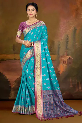 aqua blue patola silk blend woven work traditional saree