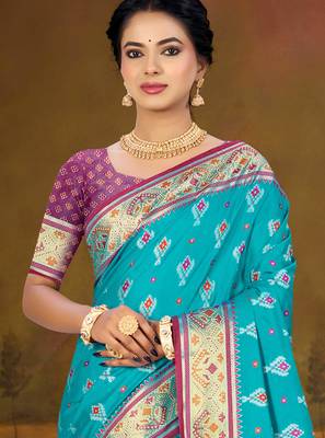 aqua blue patola silk blend woven work traditional saree 2