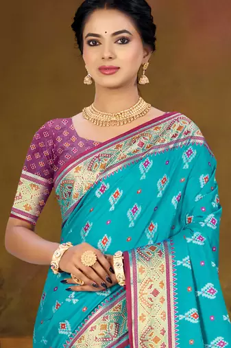 aqua blue patola silk blend woven work traditional saree