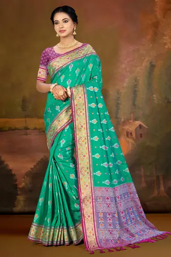 emerald green patola silk blend woven work traditional saree