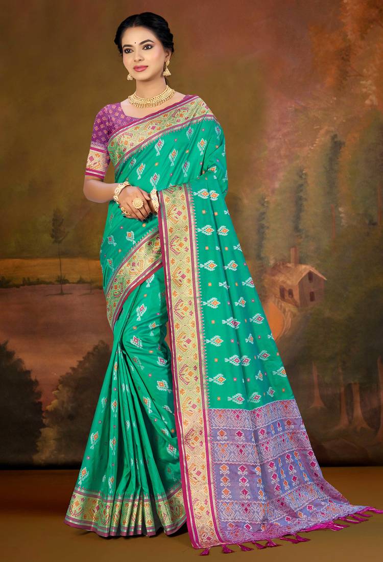 emerald green patola silk blend woven work traditional saree