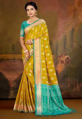 mustard yellow patola silk blend woven work traditional saree 1