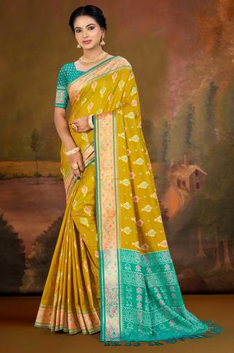 mustard yellow patola silk blend woven work traditional saree