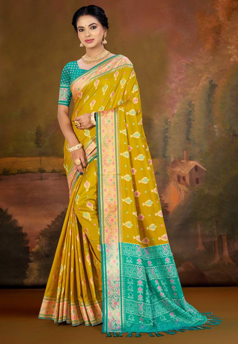 mustard yellow patola silk blend woven work traditional saree