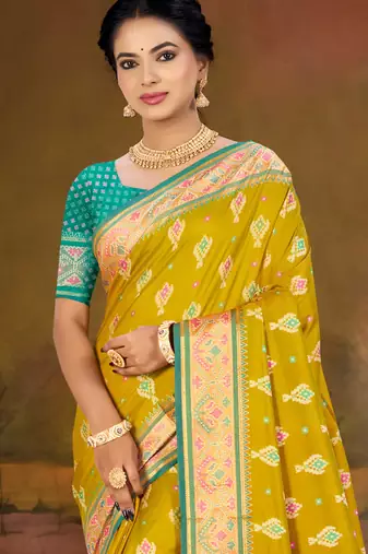 mustard yellow patola silk blend woven work traditional saree