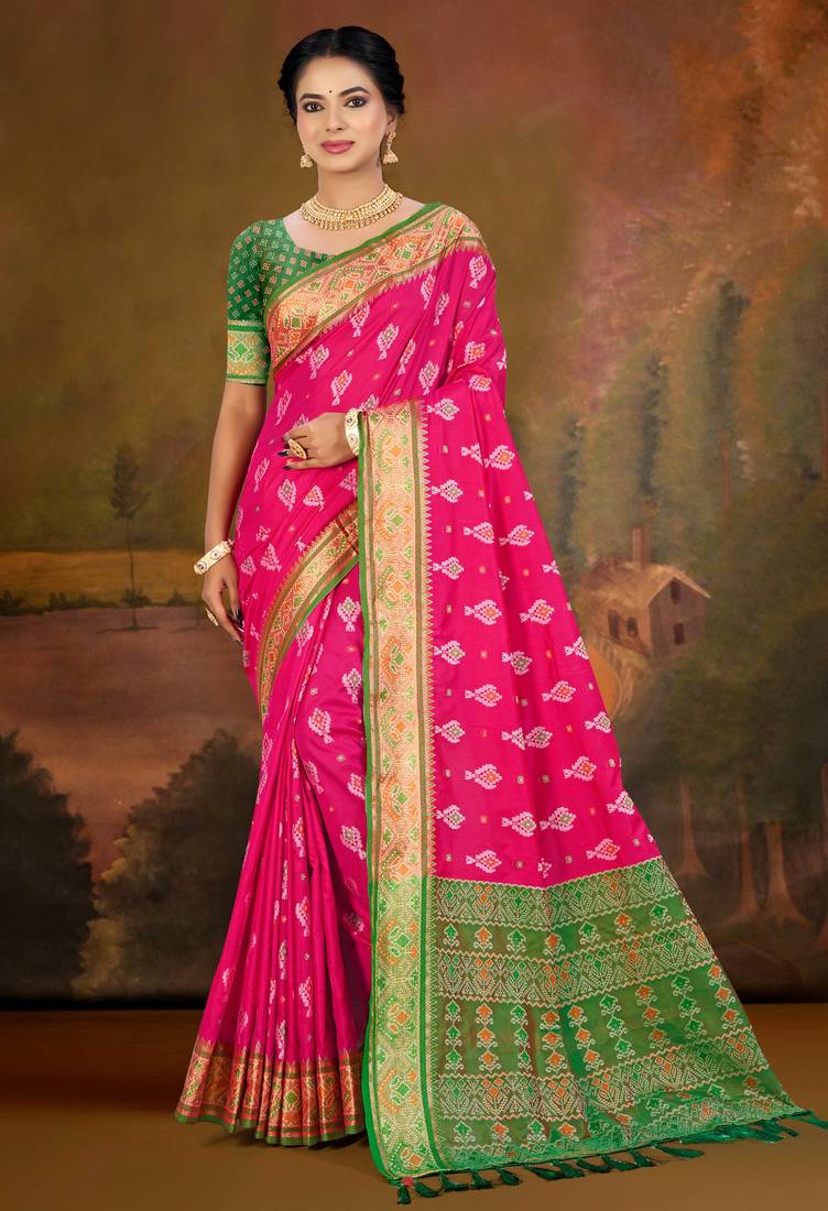 rani pink patola silk blend woven work traditional saree