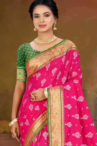 rani pink patola silk blend woven work traditional saree