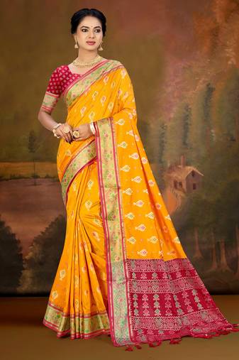 yellow patola silk blend woven work traditional saree