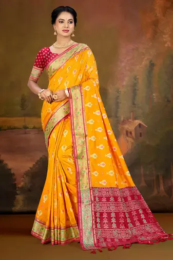 yellow patola silk blend woven work traditional saree