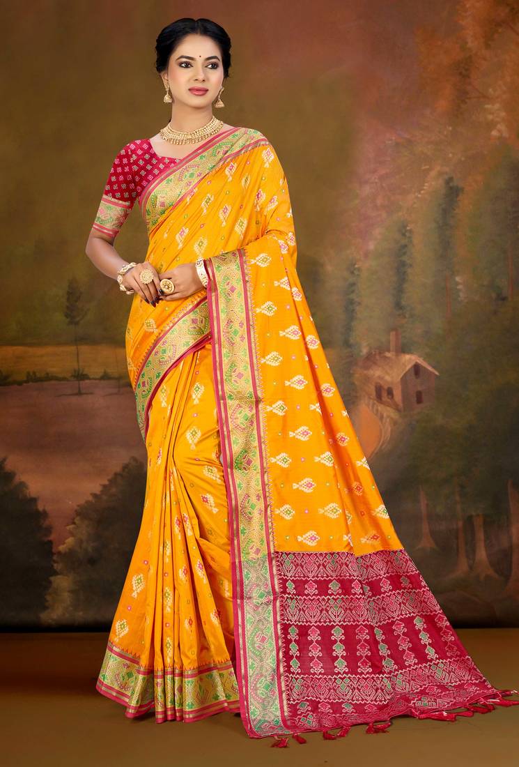 yellow patola silk blend woven work traditional saree
