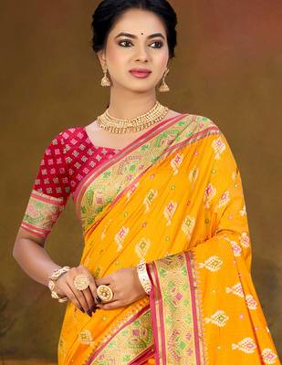 yellow patola silk blend woven work traditional saree 2