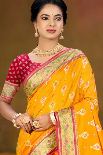 yellow patola silk blend woven work traditional saree