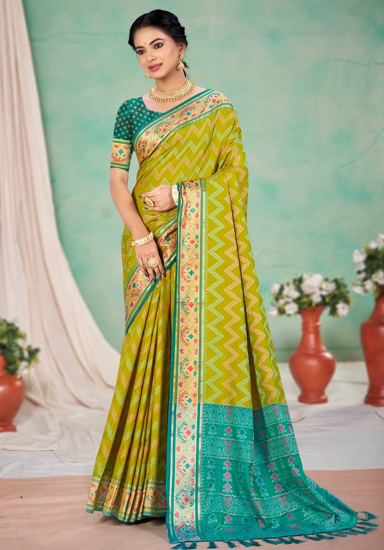 olive mustard patola silk blend woven work traditional saree