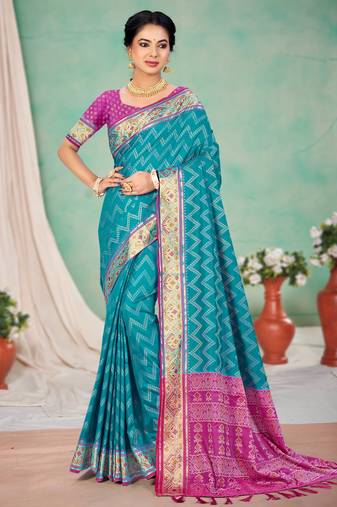 turquoise blue patola silk blend woven work traditional saree
