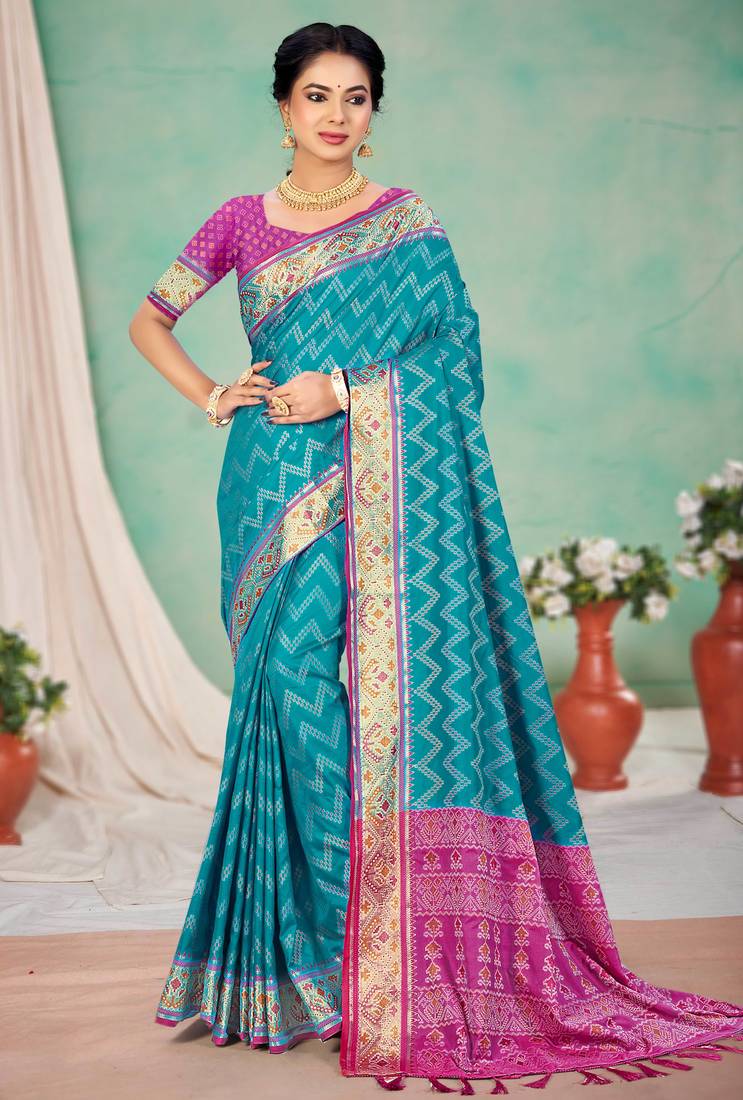 turquoise blue patola silk blend woven work traditional saree