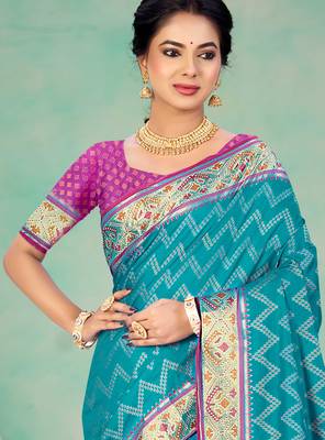 turquoise blue patola silk blend woven work traditional saree 2