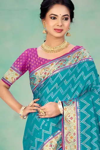 turquoise blue patola silk blend woven work traditional saree