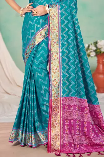 turquoise blue patola silk blend woven work traditional saree