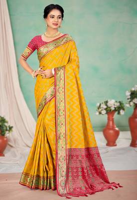 yellow patola silk blend woven work traditional saree 1
