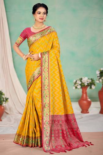 yellow patola silk blend woven work traditional saree